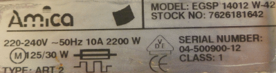 Typenschild einer Amica Spülmaschine